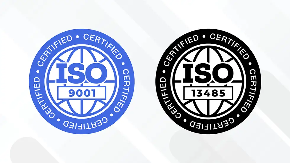 Logos of ISO 9001 and ISO 13485 certifications